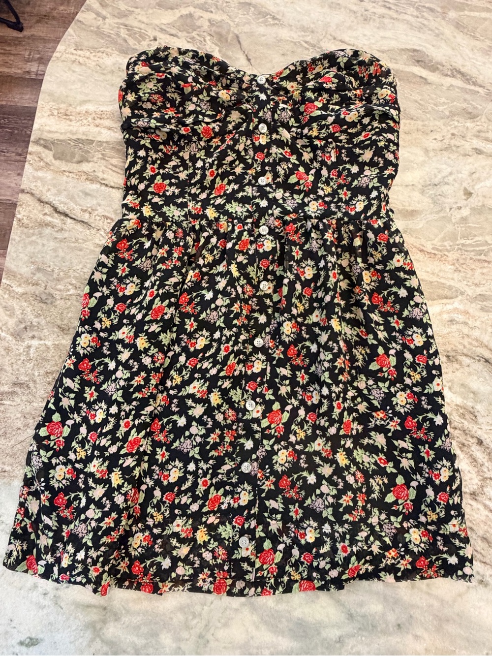 BCBGeneration Black Floral Strapless Button Front Dress Size M